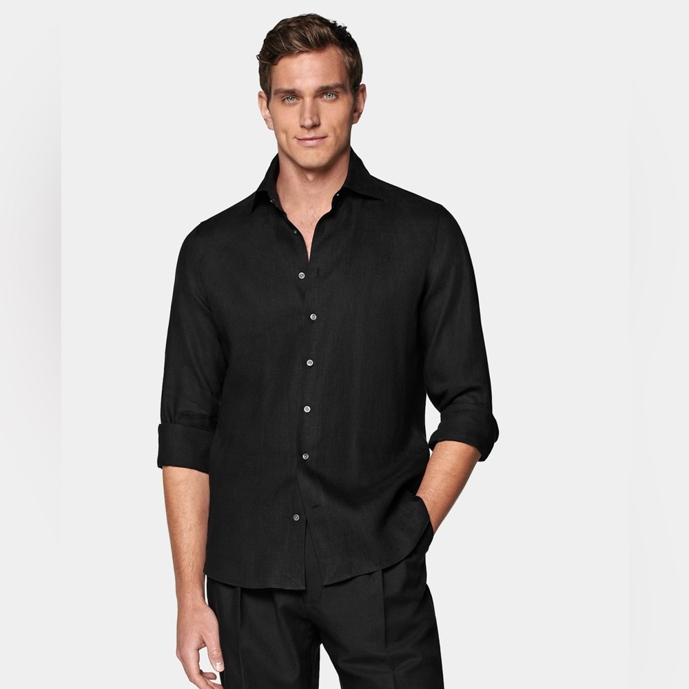Men's Black Linen Button-Down Shirt